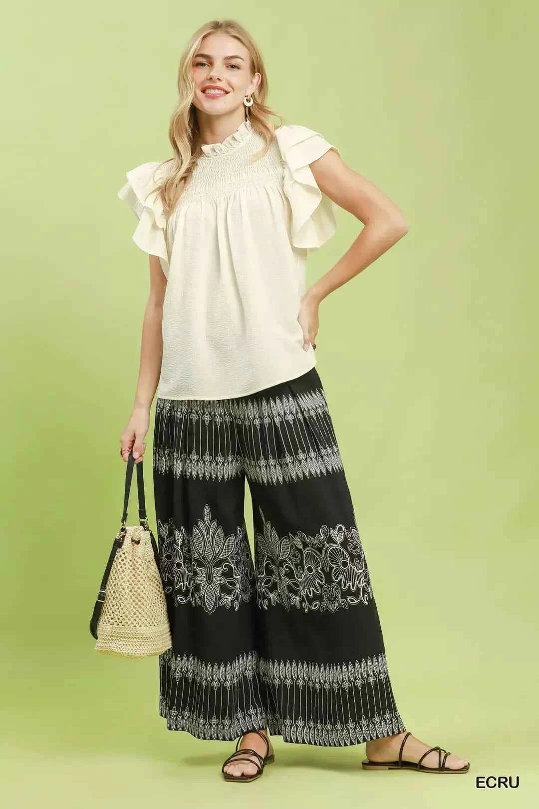 Ecru Smocked Ruffle Sleeve Blouse by Umgee