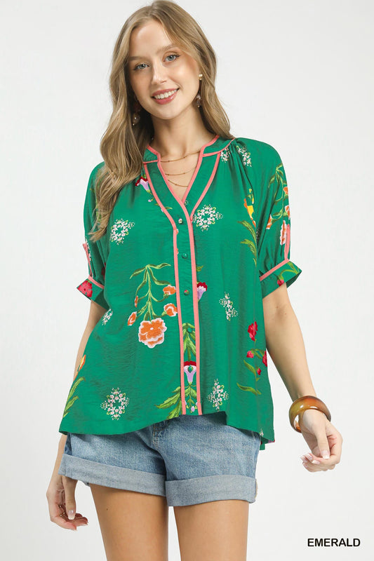 Emerald Green Botanical Print Contrast Trim Button Blouse by Umgee Front View