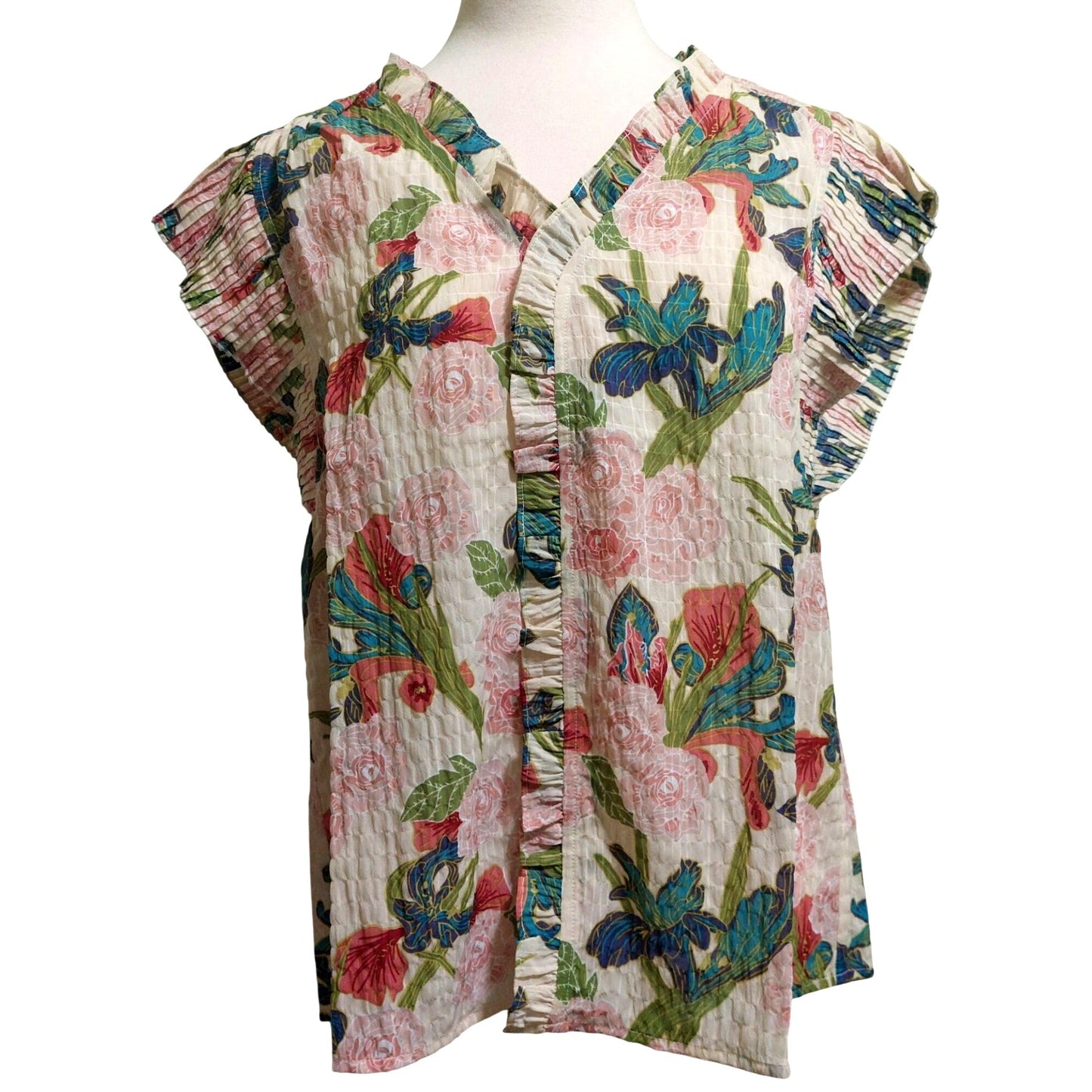 Voy Floral Ruffle Sleeve Button-Front Blouse~Ruffle Front~Pleated Sleeve~SMALL
