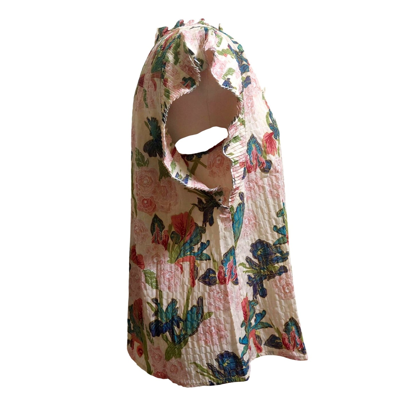 Voy Floral Ruffle Sleeve Button-Front Blouse~Ruffle Front~Pleated Sleeve~SMALL