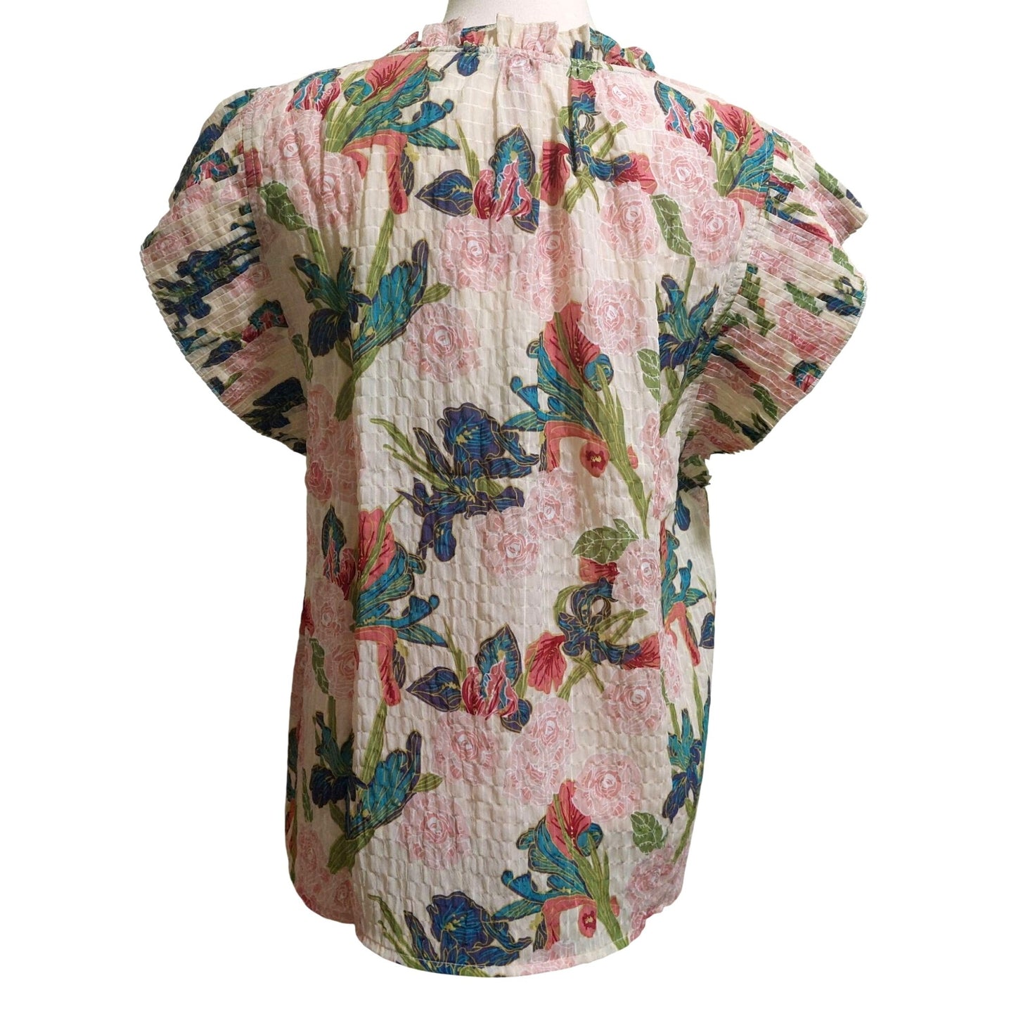 Voy Floral Ruffle Sleeve Button-Front Blouse~Ruffle Front~Pleated Sleeve~SMALL