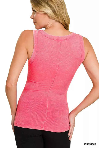 Fuchsia Washed Ribbed Scoop Neck Tank Top by Zenana Back View