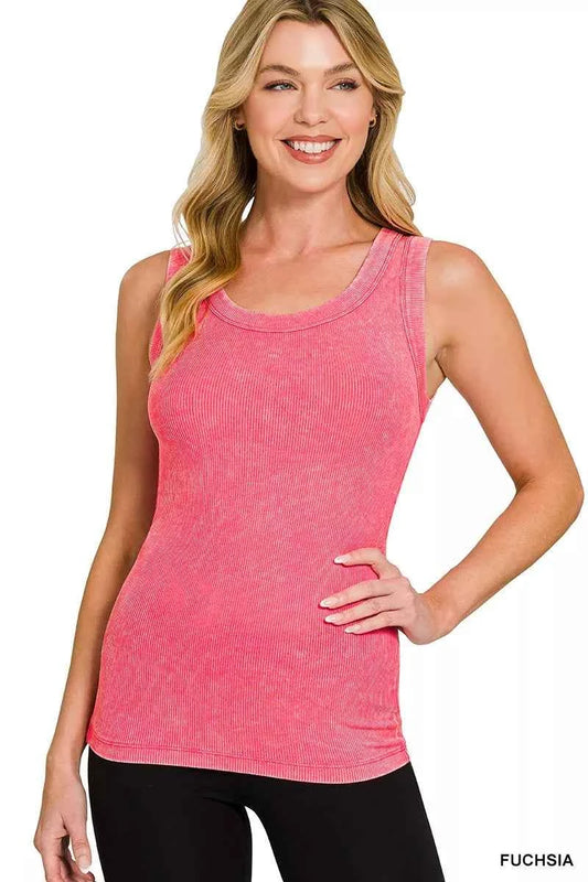 Fuchsia Washed Ribbed Scoop Neck Tank Top by Zenana Front view