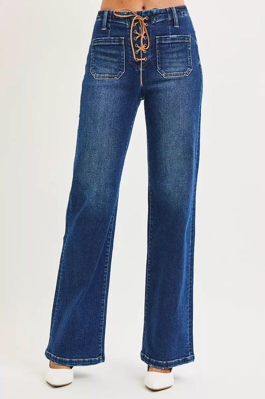 Full Size High Rise Wide Leg Jeans with Front Tie Detail Includes Plus Sizes Front