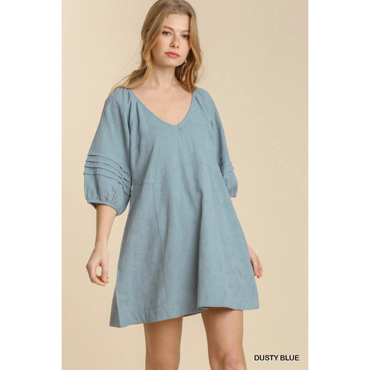 Umgee Dusty Blue V-Neck Pleat Detail Puff Sleeve Dress~Back String Tie