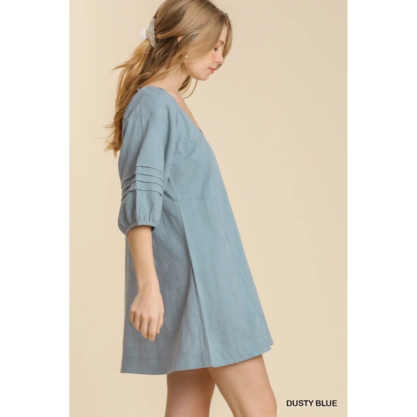 Umgee Dusty Blue V-Neck Pleat Detail Puff Sleeve Dress~Back String Tie
