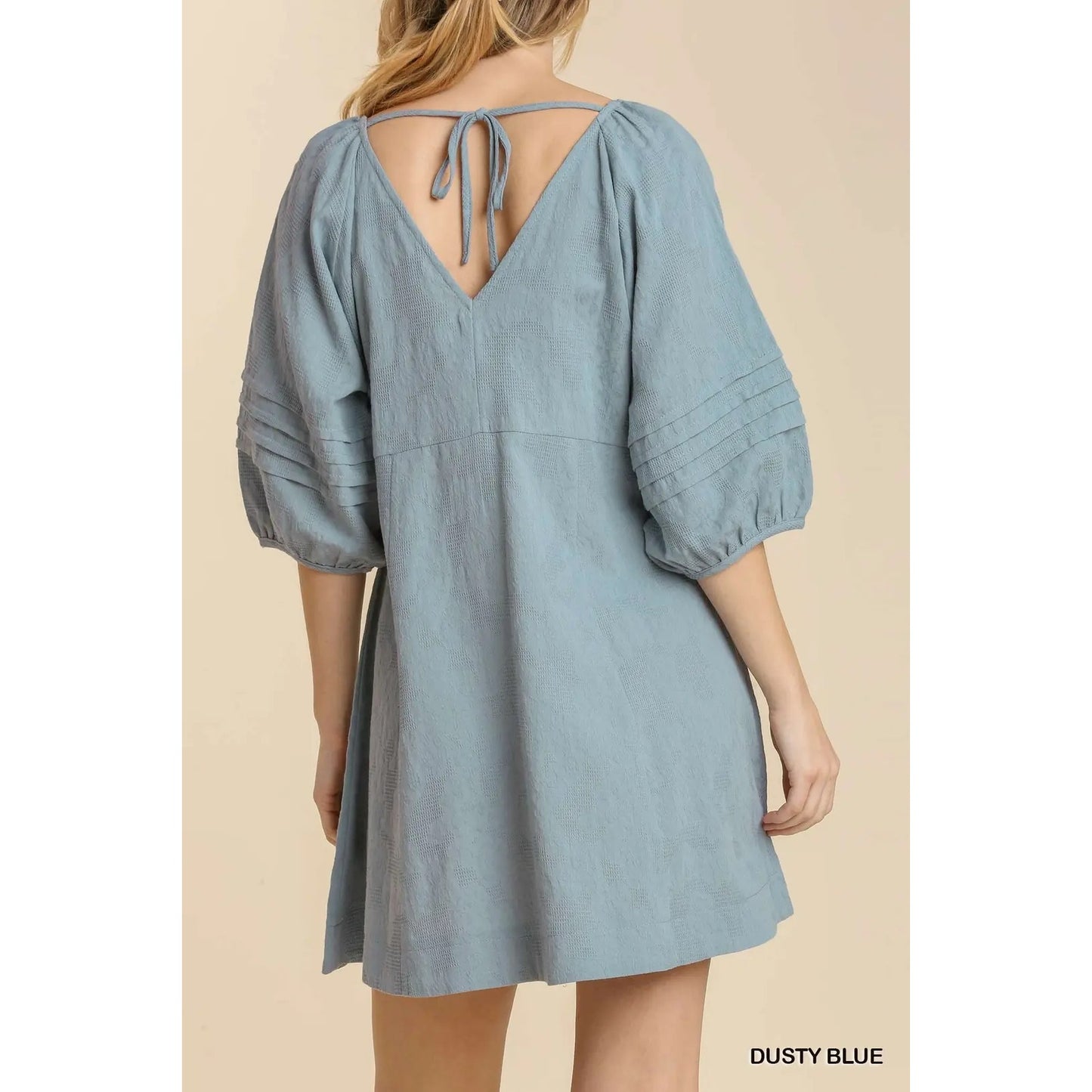 Umgee Dusty Blue V-Neck Pleat Detail Puff Sleeve Dress~Back String Tie