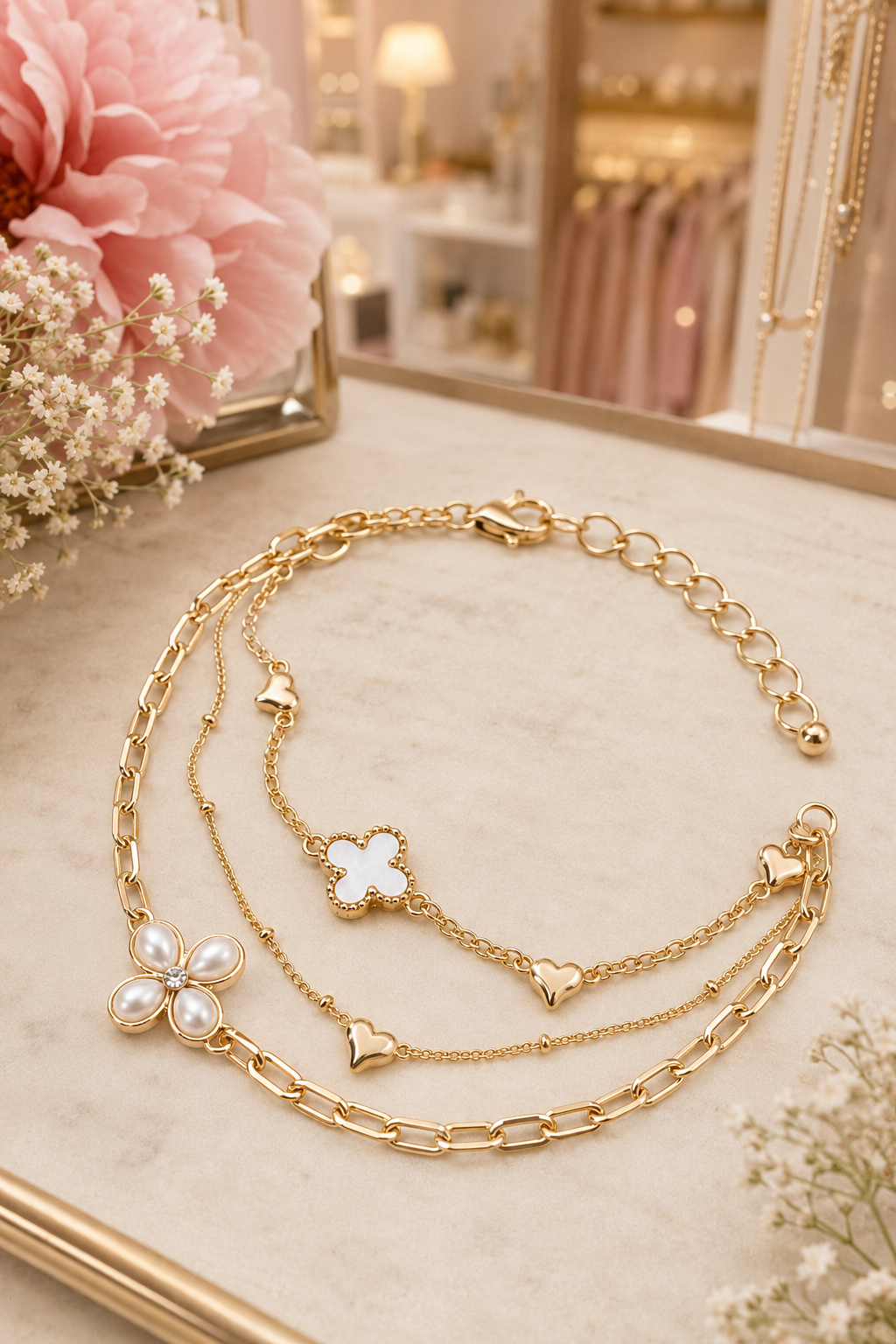 Gold multi-layer bracelet featuring a pearl flower charm, clover charm, heart accents, and layered chains.