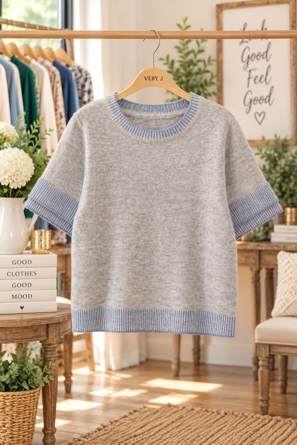 Gray/Blue Soft Touch Contrast Rib Knit Top by Very J front view