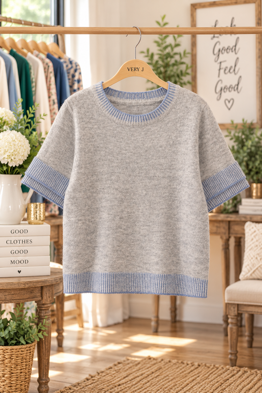 Gray/Blue Soft Touch Contrast Rib Knit Top by Very J front view