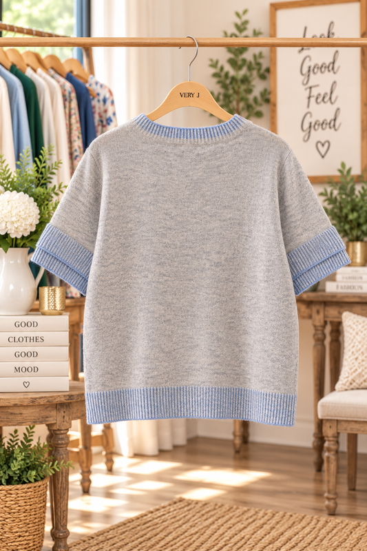 Gray/Blue Soft Touch Contrast Rib Knit Top by Very J front view back view