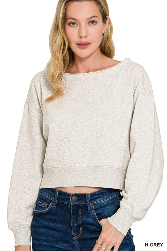 Gray Boat Neck Cropped Sweatshirt by Zenana Front View