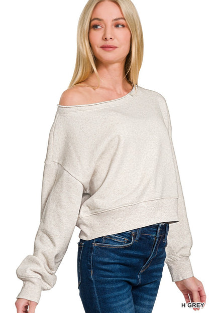 Gray Boat Neck Cropped Sweatshirt by Zenana Side View