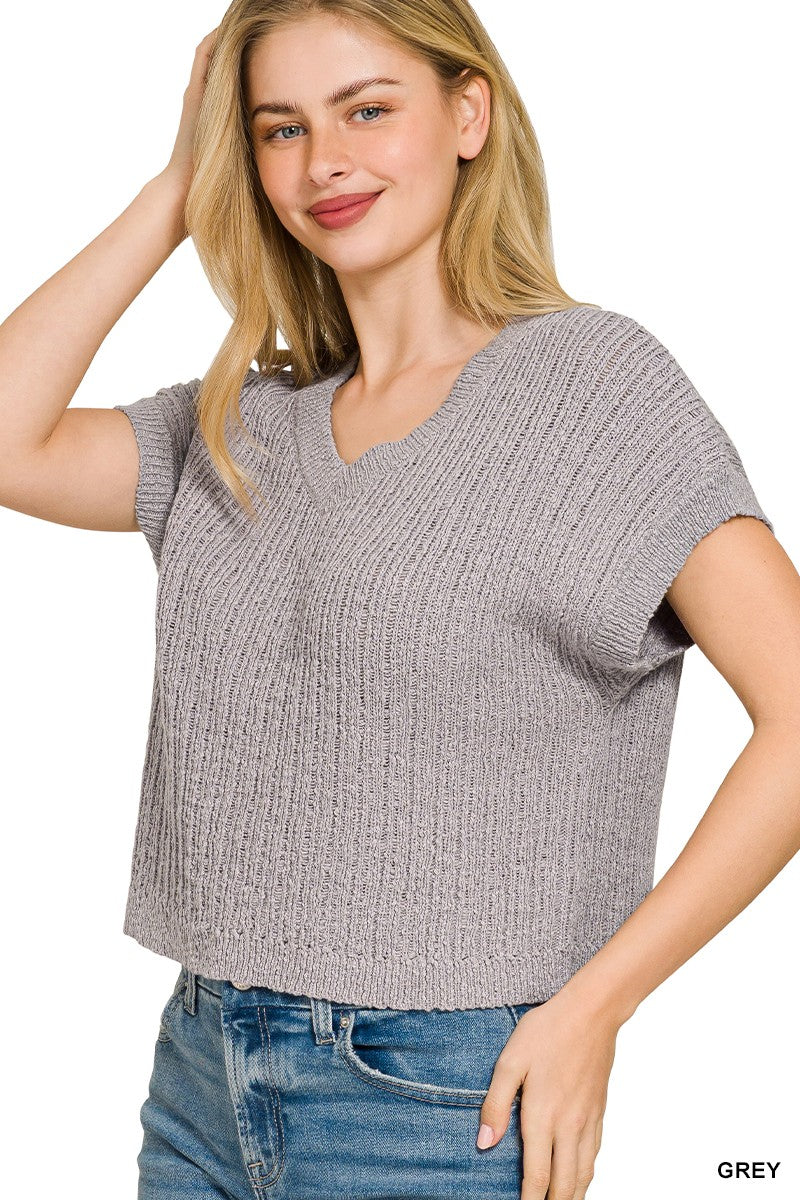Gray Textured Knit V-Neck Short Sleeve Cropped Sweater by Zenana Side View