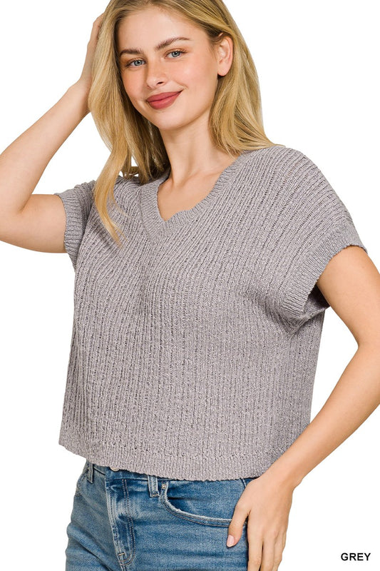 Gray Textured Knit V-Neck Short Sleeve Cropped Sweater by Zenana Side View