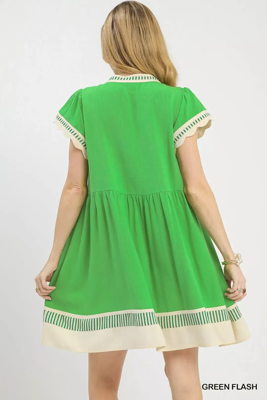 Green Linen Blend Color Block Flutter Sleeve Dress W/ Pockets by Umgee Back View