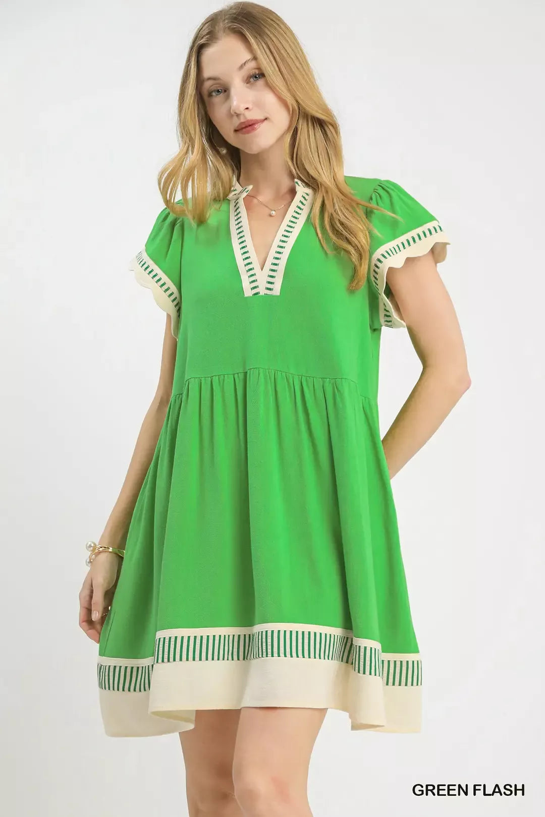 Green Linen Blend Color Block Flutter Sleeve Dress W/ Pockets by Umgee Front View