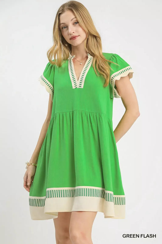 Green Linen Blend Color Block Flutter Sleeve Dress W/ Pockets by Umgee Front View