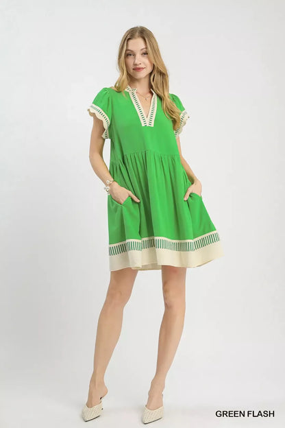 Green Linen Blend Color Block Flutter Sleeve Dress W/ Pockets by Umgee Full View