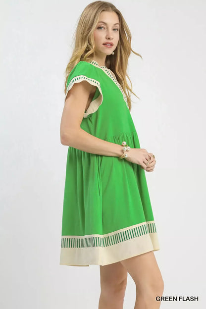 Green Linen Blend Color Block Flutter Sleeve Dress W/ Pockets by Umgee Side View