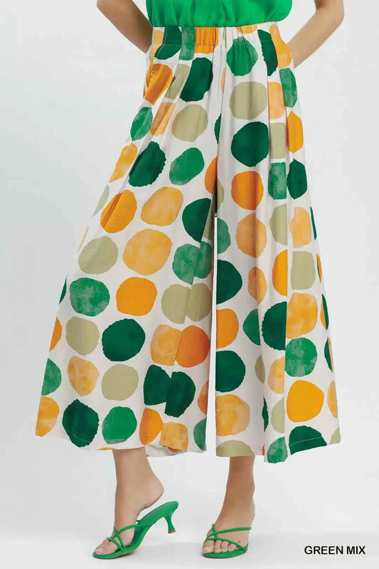 Green Mix Dot Print Wide Leg Pants with Pockets by Umgee