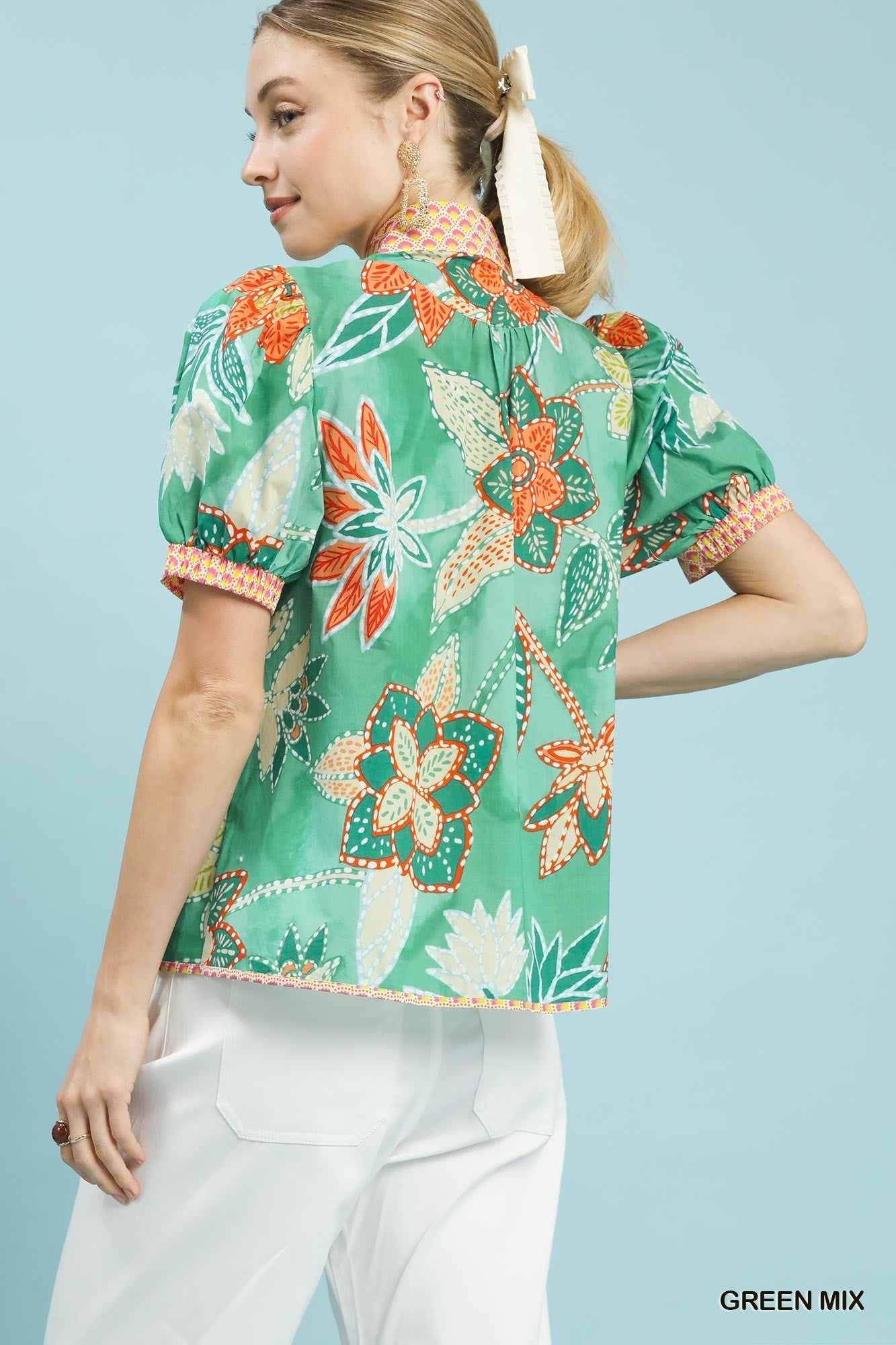 Green Mixed Abstract Print Puff Sleeve Blouse by Umgee Back View