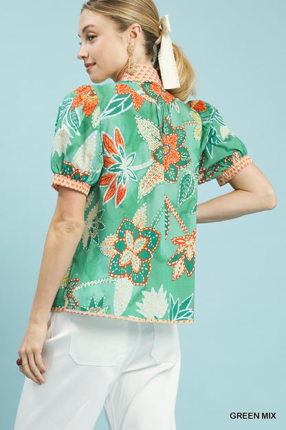 Green Mixed Abstract Print Puff Sleeve Blouse by Umgee Back View