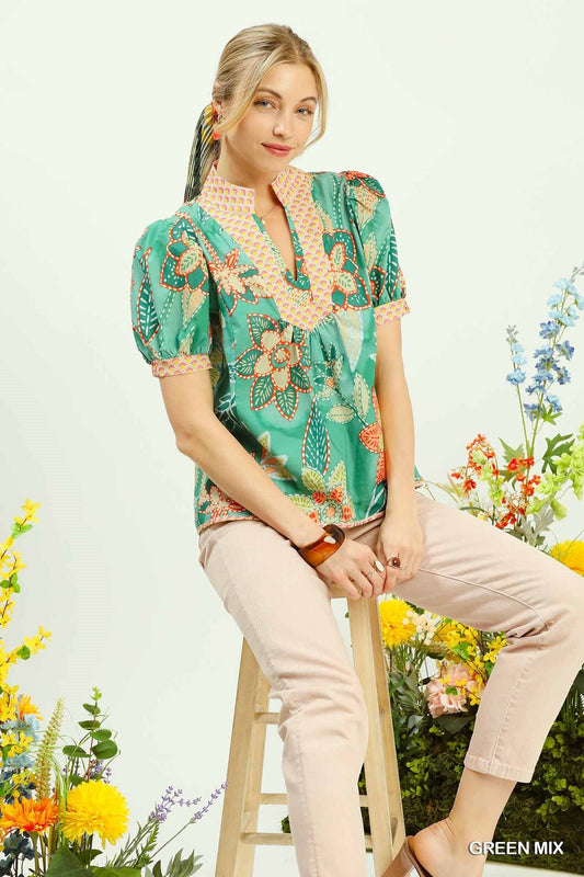 Green Mixed Abstract Print Puff Sleeve Blouse by Umgee Front View