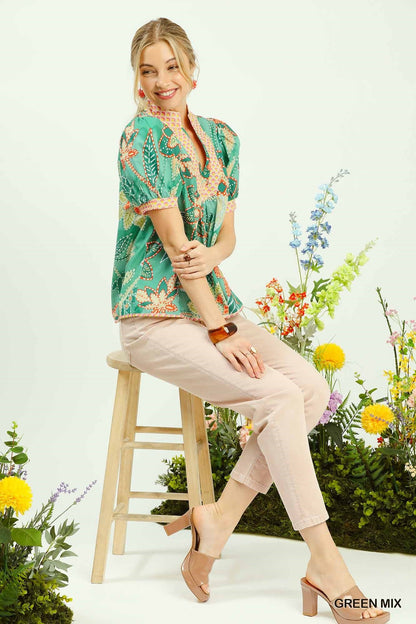 Green Mixed Abstract Print Puff Sleeve Blouse by Umgee Side View