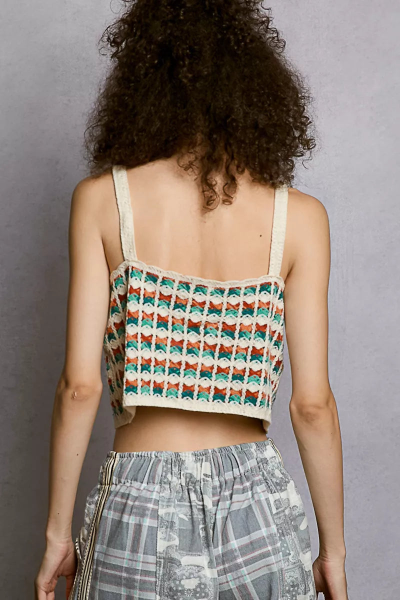 Green Multi Cropped Crochet Cami with Scalloped Edge by POL Back View