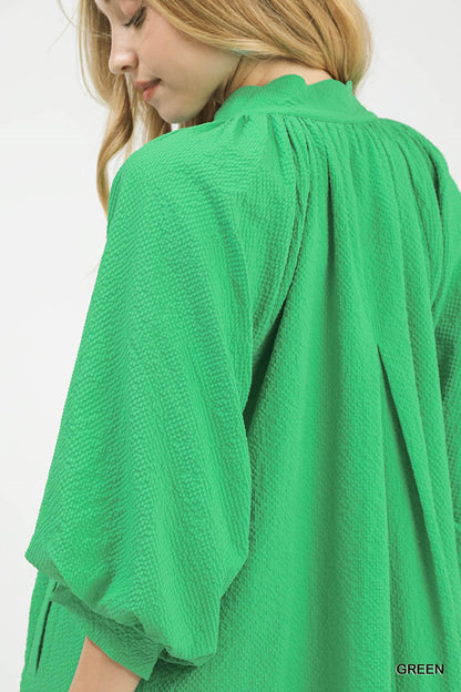 Green V-Neck Mini Dress W/ Balloon Sleeves & Pockets by Umgee Close View