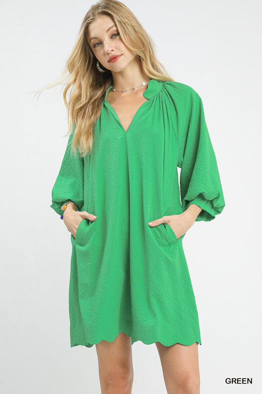 Green V-Neck Mini Dress W/ Balloon Sleeves & Pockets by Umgee Front View