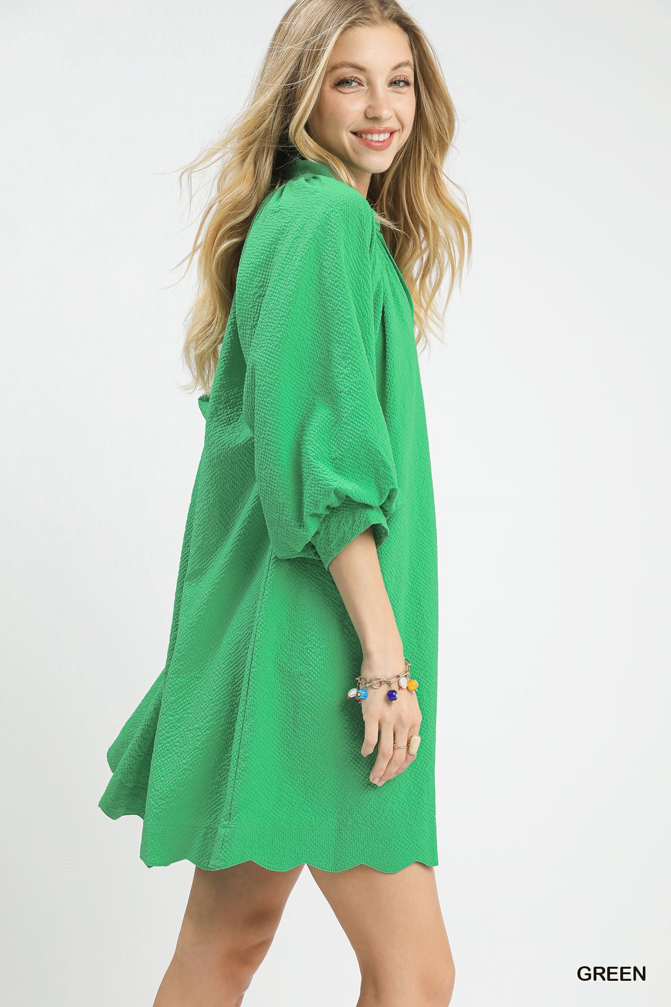 Green V-Neck Mini Dress W/ Balloon Sleeves & Pockets by Umgee Side View