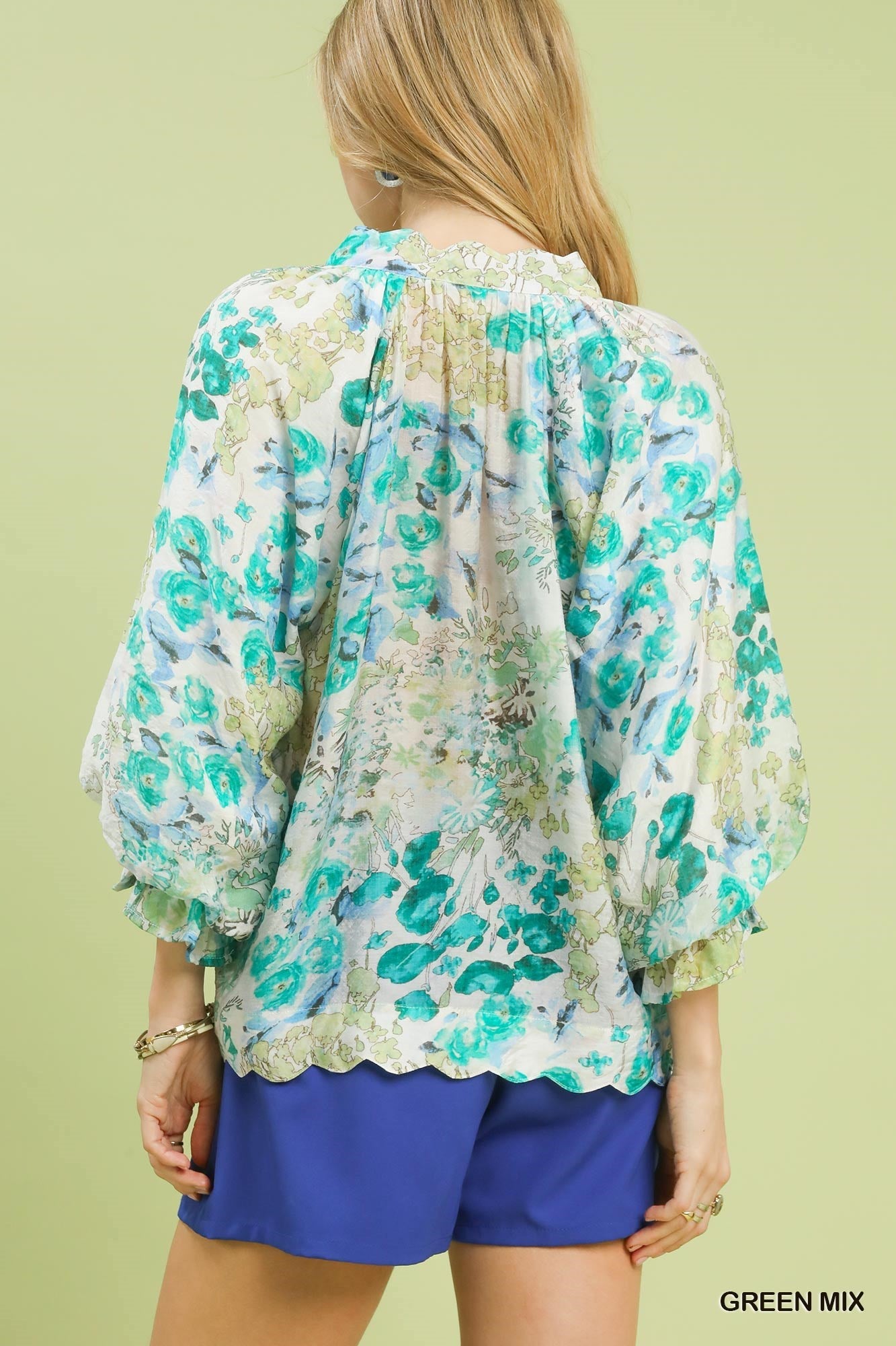 Green Watercolor Floral Blouse with Flounce Sleeve by Umgee Back View