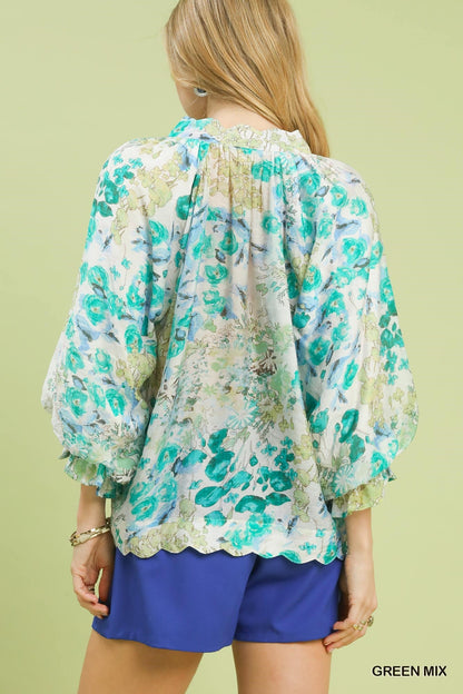 Green Watercolor Floral Blouse with Flounce Sleeve by Umgee Back View