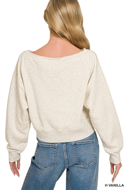 Heather Vanilla Fleece Boat-Neck Sweatshirt by Zenana Back View