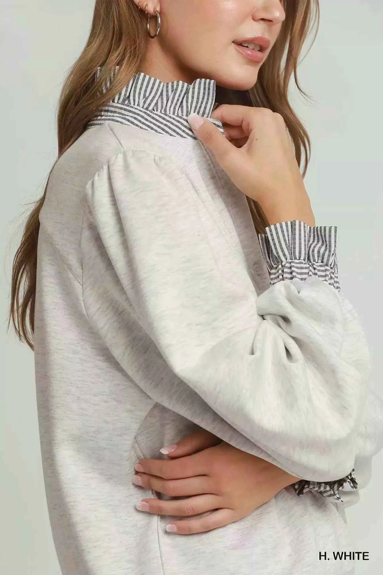 Heather White Luxe Knit Stripe Ruffle Neck Long Sleeve Top by Umgee Close View