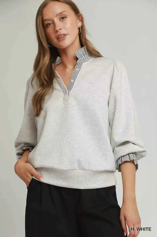 Heather White Luxe Knit Stripe Ruffle Neck Long Sleeve Top by Umgee Front View