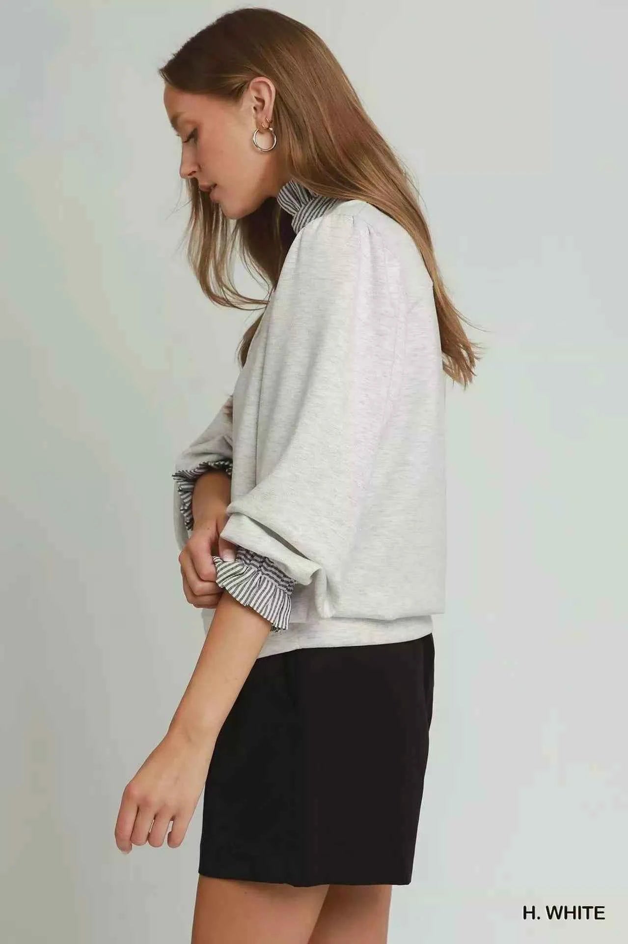 Heather White Luxe Knit Stripe Ruffle Neck Long Sleeve Top by Umgee Side View