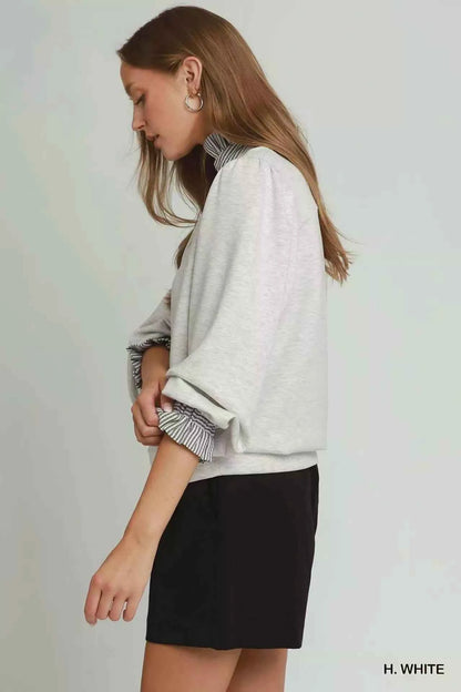 Heather White Luxe Knit Stripe Ruffle Neck Long Sleeve Top by Umgee Side View