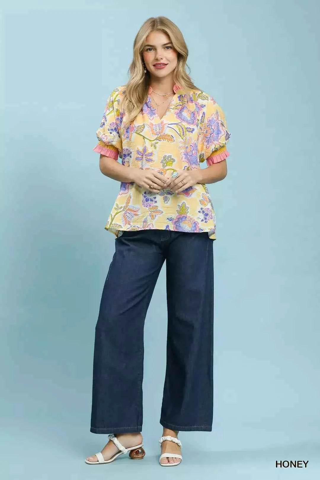 Honey Floral Print Ruffled Short Sleeve Top by Umgee