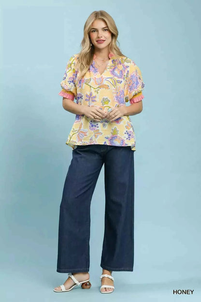 Honey Floral Print Ruffled Short Sleeve Top by Umgee