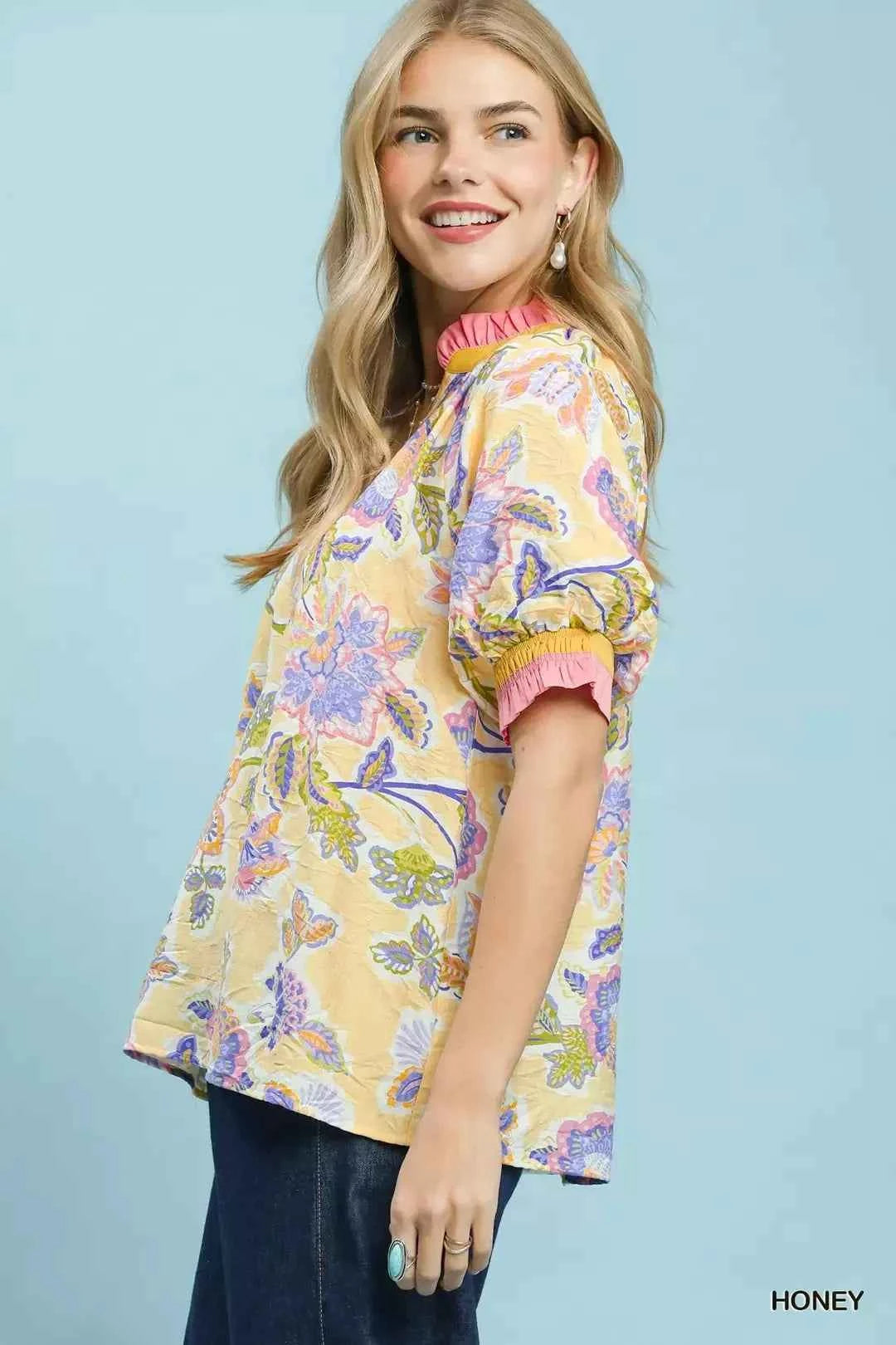 Honey Floral Print Ruffled Short Sleeve Top by Umgee