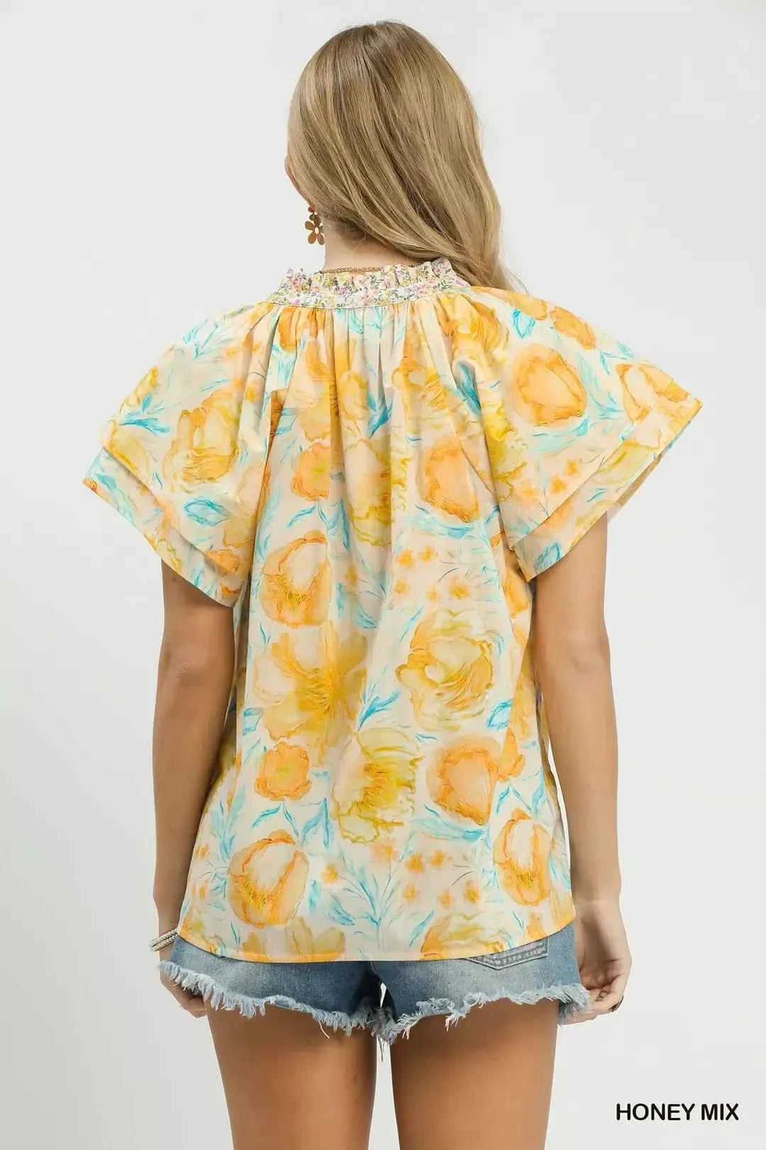 Umgee Mix Floral Print Blouse with Crochet Lace Trim Back View