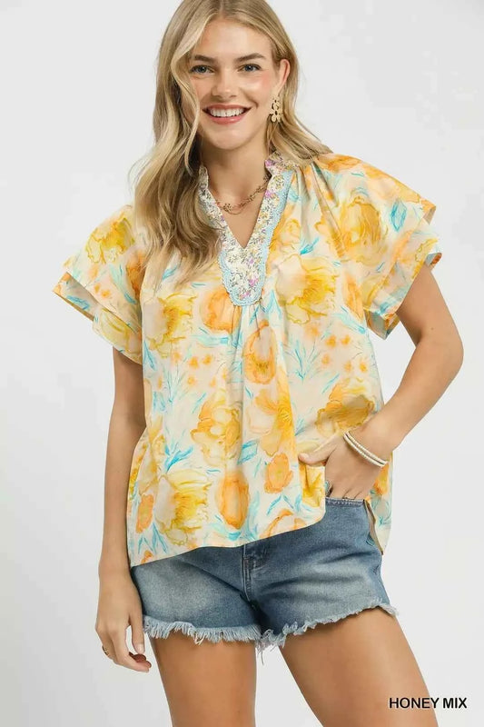 Umgee Mix Floral Print Blouse with Crochet Lace Trim Front View