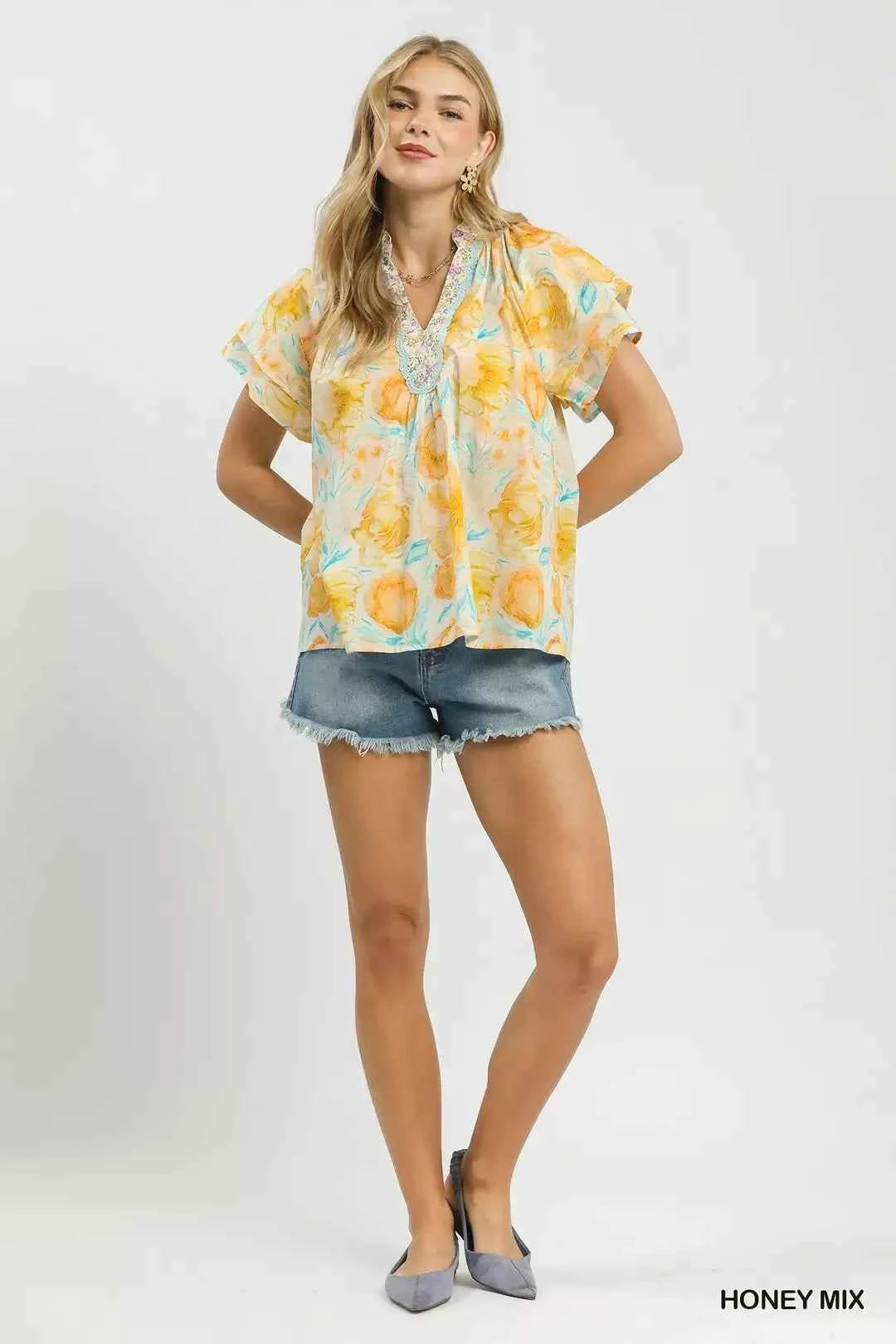 Umgee Mix Floral Print Blouse with Crochet Lace Trim Full View
