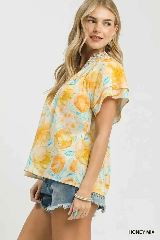 Umgee Mix Floral Print Blouse with Crochet Lace Trim Side View