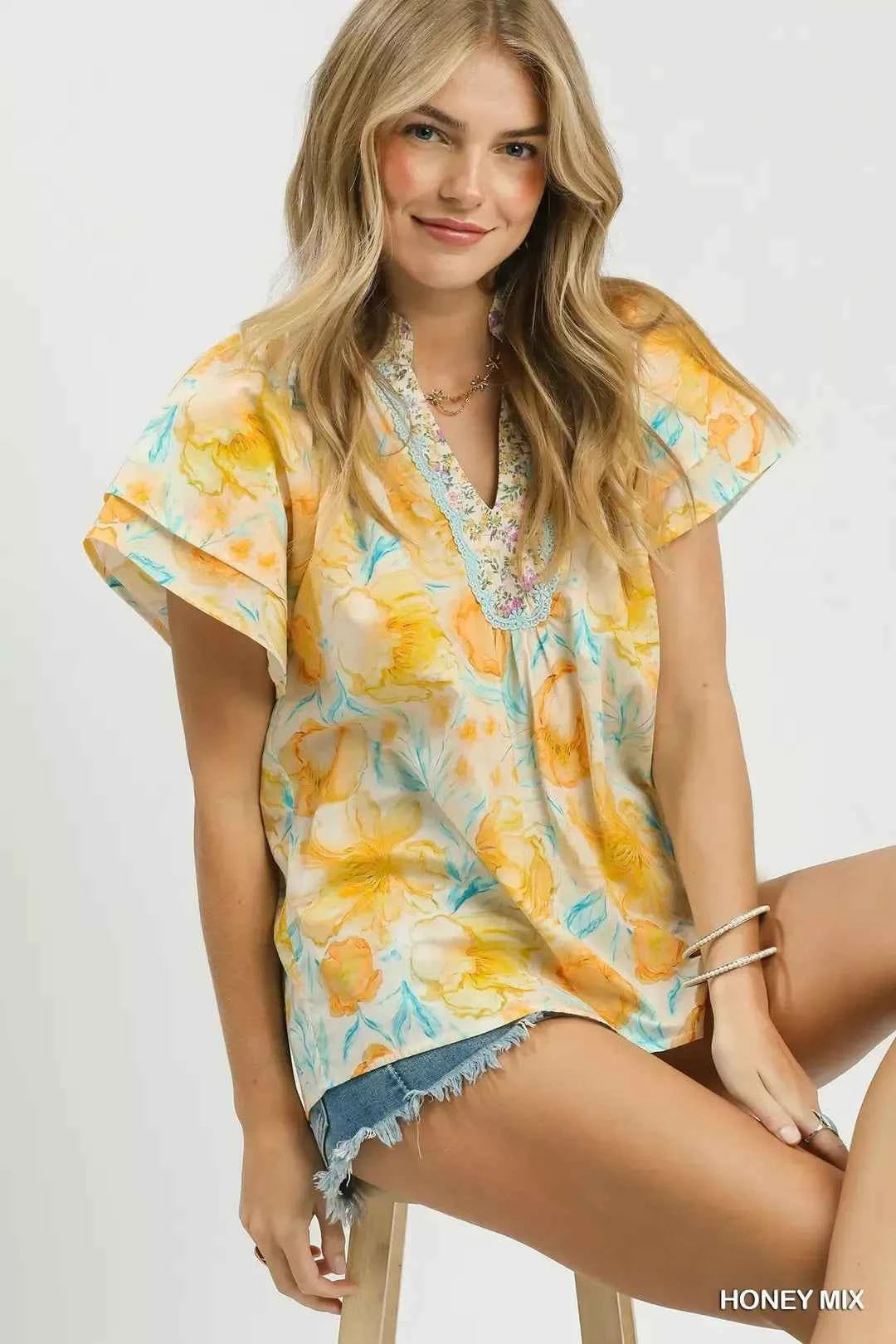 Umgee Mix Floral Print Blouse with Crochet Lace Trim Sitting