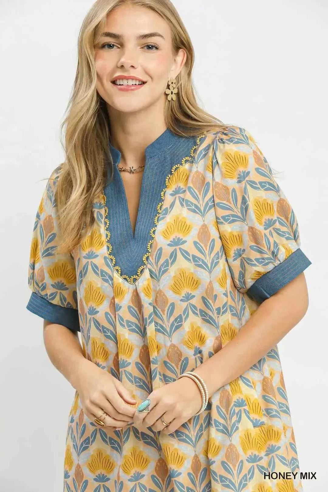 Honey Mix Tile Print Mini Dress with Pockets by Umgee Close View