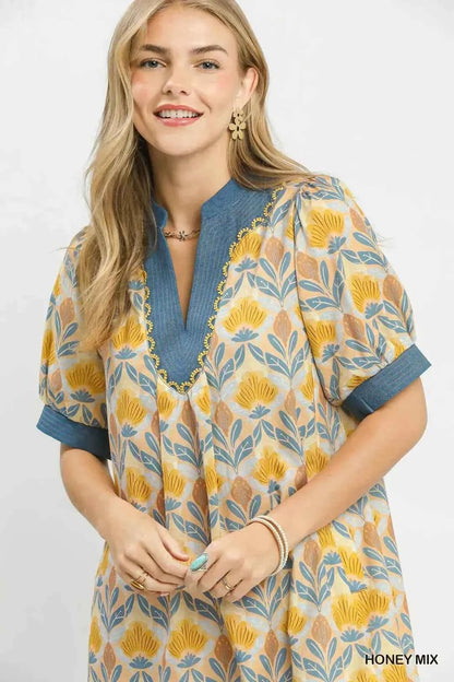 Honey Mix Tile Print Mini Dress with Pockets by Umgee Close View